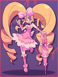Rule 34 | 1girl, :d, absurdres, big hair, blonde hair, blue eyes, boots, border, bow, breasts, cleavage, dress, drill hair, earrings, eyepatch, hair bow, harime nui, heart, heart earrings, highres, jewelry, kill la kill, long hair, open mouth, pink bow, pink footwear, purple background, red border, smile, solo, standing, standing on one leg, strapless, strapless dress, twin drills, umbrella, very long hair