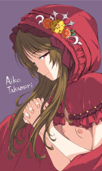 Rule 34 | 1girl, breasts, brown hair, cloak, hamao, highres, idolmaster, idolmaster cinderella girls, long hair, looking at viewer, lying, naked cloak, nipples, on side, praying, purple background, red cloak, red eyes, red hood, shaded face, small breasts, smile, solo, takamori aiko, upper body