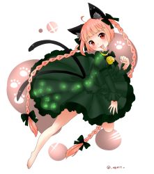 Rule 34 | 1girl, animal ears, bad feet, bell, bow, braid, cat ears, cat tail, collar, dress, egret, green dress, hair bow, highres, jingle bell, kaenbyou rin, multiple tails, neck bell, red eyes, red hair, solo, tail, touhou, twin braids