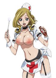 Rule 34 | 1girl, :d, blonde hair, breasts, breasts out, choker, cleavage, code geass, collarbone, garter belt, garter straps, grey eyes, hat, highres, holding, jacket, large breasts, long hair, looking at viewer, midriff, milly ashford, miniskirt, navel, nipples, no bra, nude filter, nurse, nurse cap, open clothes, open jacket, open mouth, shiny skin, short sleeves, skirt, smile, solo, standing, stomach, thighhighs, third-party edit, tied skirt, transparent background, underwear, white jacket, white skirt, white thighhighs, wrist cuffs