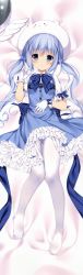 Rule 34 | 1girl, :3, :o, absurdres, angora rabbit, animal, bed sheet, black eyes, blue bow, blue bowtie, blue dress, blue eyes, blue gemstone, blue hair, blush, bow, bowtie, breasts, brooch, cameltoe, cleft of venus, closed mouth, clothes lift, dakimakura (medium), dress, dress lift, feet, frilled dress, frilled sleeves, frills, full body, futaba miwa, gem, gloves, gochuumon wa usagi desu ka?, hair ornament, hair tie, highres, huge filesize, jewelry, kafuu chino, lifted by self, long hair, long image, looking at viewer, low twintails, magical girl, matching hair/eyes, no shoes, pantyhose, parted lips, puffy short sleeves, puffy sleeves, rabbit, scan, short sleeves, small breasts, solo, staff, tall image, thigh gap, tippy (gochiusa), tippy (gochuumon wa usagi desuka?), toes, twintails, white gloves, white pantyhose, x hair ornament