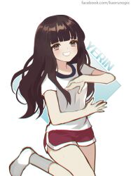 Rule 34 | 1girl, absurdres, animification, blunt bangs, brown eyes, brown hair, character name, chinese commentary, commentary, facebook username, gfriend, hands up, highres, k-pop, kaoruru (sakuno2911), leg up, long hair, looking at viewer, real life, shirt, short shorts, shorts, smile, socks, solo, t-shirt, white footwear, white shirt, white socks, yerin (gfriend)