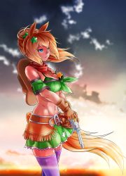 Rule 34 | 1girl, animal ears, bandana, bandeau, bare shoulders, belt, bikini, bikini under clothes, blue eyes, breasts, brown belt, brown hair, brown hat, cleavage, colt single action army, commentary request, cowboy shot, detached sleeves, green skirt, gun, hair ornament, handgun, hat, hat on back, highres, holding, holding gun, holding weapon, horse ears, large breasts, long hair, midriff, miniskirt, navel, outdoors, ponytail, purple thighhighs, revision, revolver, short sleeves, skirt, skirt set, smile, solo, standing, star (symbol), star hair ornament, stomach, swimsuit, taiki shuttle (umamusume), tail, thighhighs, thighs, umamusume, weapon, yuukiman (yuukiman@pc no hd shouten), zettai ryouiki