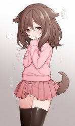 Rule 34 | +++ (artist), 1boy, :o, animal ears, black thighhighs, blush, brown eyes, brown hair, bulge, crossdressing, dog boy, dog ears, dog tail, erection, erection under clothes, gradient background, grey background, looking at viewer, male focus, original, panties, pleated skirt, red skirt, simple background, skirt, solo, standing, tail, thighhighs, translated, trap, underwear