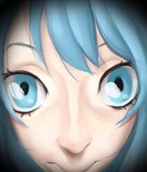 Rule 34 | 1girl, blue eyes, blue hair, cirno, close-up, commentary, eyebrows hidden by hair, fisheye, highres, portrait, skullchimes, smile, solo, touhou, vignetting