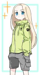 Rule 34 | 1girl, blue background, blue eyes, blush stickers, closed mouth, commission, copyright request, drawstring, forehead, green jacket, grey shorts, hands in pockets, highres, jacket, kibisake, long hair, long sleeves, puffy long sleeves, puffy sleeves, shorts, skeb commission, solo, sparkle, standing, two-tone background, very long hair, white background