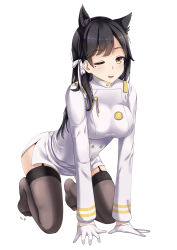 Rule 34 | 1girl, absurdres, all fours, animal ears, artist name, atago (azur lane), azur lane, black hair, black thighhighs, breasts, garter straps, highres, looking at viewer, mole, mole under eye, one eye closed, smile, solo, thighhighs, thighs, white ph, white uniform, yellow eyes