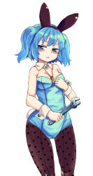 Rule 34 | 1girl, alternate costume, animal ears, bare shoulders, black pantyhose, blue eyes, blue hair, blush, cowboy shot, detached collar, hair bobbles, hair ornament, heart, heart print, highres, kawashiro nitori, key, leotard, looking at viewer, matching hair/eyes, pantyhose, playboy bunny, rabbit ears, rabbit tail, short hair, simple background, solo, tail, touhou, twintails, two side up, white background, wrench, wrist cuffs, yunuki uta