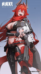 Rule 34 | 2girls, angry, antenna hair, arm around neck, artist request, biker clothes, bikesuit, blush, bodysuit, breasts, cleavage, closed eyes, frown, goddess of victory: nikke, goggles, goggles on head, hair between eyes, highres, horns, large breasts, long hair, magazine (weapon), medium hair, multiple girls, navel, official art, open mouth, red hair, red hood (nikke), red scarf, scarf, second-party source, smile, snow white (innocent days) (nikke), snow white (nikke), standing, teeth, tongue, upper teeth only, white hair, yellow eyes, zipper