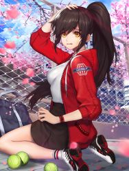 Rule 34 | 1girl, :o, bag, ball, bare legs, black hair, black skirt, chain-link fence, cherry blossoms, fence, full body, hand on own head, highres, jacket, kneeling, kyundoo, long hair, looking at viewer, open mouth, original, ponytail, raised eyebrows, red jacket, shirt, shoes, skirt, sneakers, socks, solo, tennis ball, white shirt, yellow eyes