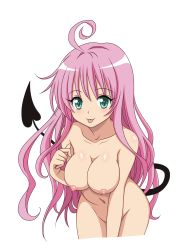Rule 34 | 00s, 1girl, ahoge, black background, blush, breasts, cleavage, convenient censoring, cowboy shot, demon tail, green eyes, hanging breasts, highres, lala satalin deviluke, leaning forward, long hair, looking at viewer, medium breasts, nipples, nude, nude filter, pink hair, puffy areolae, simple background, small nipples, solo, standing, tail, third-party edit, to love-ru, tongue, vector trace, very long hair