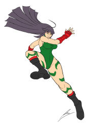 Rule 34 | 1girl, absurdres, ahoge, black hair, boots, borockman, breasts, cammy white, cammy white (cosplay), camouflage, combat boots, commission, cosplay, eyeliner, fingerless gloves, flat color, flying kick, gloves, highres, kicking, large breasts, leotard, long hair, m.u.g.e.n, makeup, sendai hakurei no miko, signature, socks, solo, street fighter, taut clothes, touhou, yellow eyes