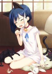 Rule 34 | 10s, 1girl, animal, animal ears, bell, neck bell, blue hair, breasts, cat, cat ears, cat tail, cat teaser, collar, collarbone, commentary request, couch, darling in the franxx, dress, enoob40, closed eyes, green eyes, hair ornament, hairclip, highres, ichigo (darling in the franxx), indoors, looking at viewer, open mouth, paw pose, pillow, short hair, sitting, sitting on pillow, sleeveless, sleeveless dress, small breasts, solo, stuffed animal, stuffed cat, stuffed toy, tail, v-shaped eyebrows, window