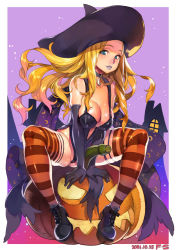 Rule 34 | 1girl, alternate costume, black dress, black footwear, black gloves, black lips, blonde hair, blue eyes, breasts, cape, choker, cleavage, crescent moon, dress, elbow gloves, eyebrows, eyelashes, f.s., gloves, halloween, halloween costume, hat, highres, kolin, large breasts, lips, long hair, moon, parted lips, phallic symbol, pumpkin, pussy, pussy peek, solo, star (sky), street fighter, street fighter v, teeth, thick thighs, thigh strap, thighhighs, thighs, wavy hair, wide hips, witch hat, zettai ryouiki