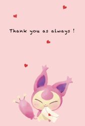 Rule 34 | animal focus, blush, cat, closed eyes, creatures (company), dot nose, english text, game freak, gen 3 pokemon, heart, highres, letter, lkayal, mouth hold, nintendo, no humans, pokemon, pokemon (creature), simple background, skitty, smile, solo, thank you