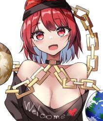 Rule 34 | 1girl, alternate hair length, alternate hairstyle, bare shoulders, black headwear, black shirt, blush, breasts, chain, choker, clothes writing, collarbone, commentary request, earth (ornament), gold chain, grey choker, hair between eyes, heart, heart print, hecatia lapislazuli, highres, kiui (dagk8254), large breasts, looking at viewer, moon (ornament), off-shoulder shirt, off shoulder, open mouth, red eyes, red hair, shirt, short sleeves, simple background, smile, solo, t-shirt, tongue, touhou, underworld (ornament), upper body, white background