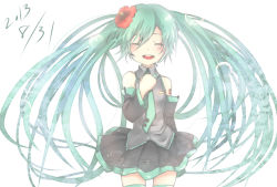 Rule 34 | 10s, 1girl, 2013, dated, detached sleeves, closed eyes, flower, green hair, hair flower, hair ornament, hand on own chest, hatsune miku, highres, long hair, necktie, open mouth, oz (undoll), skirt, solo, twintails, very long hair, vocaloid, white background