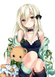 Rule 34 | 1girl, bare legs, bare shoulders, black legwear, black ribbon, black shirt, blonde hair, bow, bowtie, braid, breasts, camisole, choker, collarbone, green eyes, green jacket, green legwear, green ribbon, hair between eyes, hair ribbon, jacket, knees up, long hair, long sleeves, looking at viewer, loose socks, medium breasts, nogi takayoshi, off shoulder, open clothes, open jacket, original, parted lips, ribbon, shirt, simple background, sitting, sleeveless, sleeveless shirt, socks, solo, stuffed animal, stuffed toy, teddy bear, white background