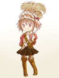 Rule 34 | 1girl, bad id, bad pixiv id, boots, final fantasy, final fantasy tactics, gradient background, helm, helmet, kaname madoka, mahou shoujo madoka magica, mahou shoujo madoka magica (anime), oda takayuki, onion knight (fft), parody, pink eyes, pink hair, rapier, short twintails, skirt, smile, solo, sword, twintails, weapon