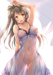 Rule 34 | 10s, 1girl, ajishio, arm behind back, arm up, armpits, babydoll, blush, bow, breasts, covered erect nipples, cowboy shot, female focus, gluteal fold, grey hair, large breasts, lingerie, long hair, looking at viewer, love live!, love live! school idol project, minami kotori, navel, negligee, nipples, no bra, no panties, no pussy, open mouth, see-through, side ponytail, simple background, smile, solo, spaghetti strap, underwear, yellow eyes