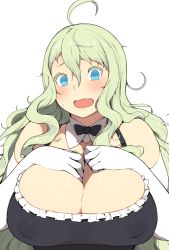 Rule 34 | 1girl, @ @, accio, ahoge, bad id, bad pixiv id, blue eyes, blush, bow, bowtie, breasts, cleavage, covered erect nipples, detached collar, elbow gloves, female focus, frown, gloves, green hair, huge breasts, looking at viewer, original, simple background, solo, sweatdrop, uneri spirala, white background, white gloves