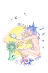 Rule 34 | 1girl, absurdres, ass, back, ball, blue bow, blue dress, blue footwear, blue hair, blush, bow, braid, cirno, closed eyes, dress, unworn dress, drooling, electric fan, fairy, fairy wings, french braid, from side, gloves, hair between eyes, hair bow, hands up, highres, ice, ice wings, nude, hugging object, open mouth, orb, red ribbon, ribbon, unworn shirt, shoes, short hair, simple background, sitting, sleeping, slippers, snowman, solo, steam, teeth, touhou, translated, upper teeth only, wariza, white background, white gloves, wings