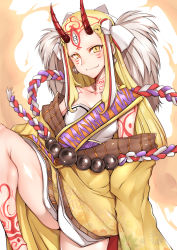 Rule 34 | absurdres, belt, blonde hair, breasts, collarbone, earrings, fang, fang out, fate/grand order, fate (series), gggg, highres, horns, ibaraki douji (fate), japanese clothes, jewelry, kimono, leg up, long hair, looking at viewer, no eyebrows, oni, smile, solo, tattoo, yellow eyes