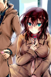Rule 34 | 1boy, 1girl, bad id, bad pixiv id, bdsm, black hair, blush, breasts, brown hair, cleavage, closed mouth, coat, collar, collarbone, controller, facial hair, frown, hair between eyes, hand on own chest, head out of frame, highres, kimura shuuichi, leash, long hair, long sleeves, looking away, medium breasts, messy hair, naked coat, navel, open clothes, open coat, original, remote control, remote control vibrator, sex toy, sketch, slave, smile, solo focus, stubble, sweat, trench coat, tsurime, turtleneck, upper body, vibrator, wireless sex toy controller