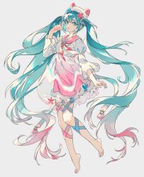 Rule 34 | 1girl, absurdres, animal hat, aqua eyes, aqua hair, barefoot, blue ribbon, cat hat, chinese commentary, commentary, floating hair, full body, hair between eyes, hair ornament, hand up, hat, hatsune miku, highres, labroiy, leg ribbon, long hair, long sleeves, looking at viewer, parted lips, pink ribbon, pink sailor collar, pink skirt, puffy sleeves, ribbon, sailor collar, shell hair ornament, shirt, skirt, solo, star (symbol), star hair ornament, twintails, very long hair, vocaloid, white hat, white shirt, wide sleeves, yuki miku