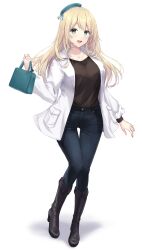 Rule 34 | 1girl, absurdres, alternate costume, atago (kancolle), bag, beret, black footwear, black shirt, blonde hair, blue pants, blush, boots, collarbone, commission, denim, green eyes, green hat, handbag, hat, high heel boots, high heels, highres, holding, holding bag, jacket, jewelry, kantai collection, long hair, long sleeves, looking at viewer, monoku, necklace, open clothes, open jacket, open mouth, pants, shirt, shirt tucked in, simple background, skeb commission, smile, solo, white background, white jacket