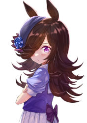 Rule 34 | 1girl, animal ears, blue flower, blue hat, blue rose, blush, bow, brown hair, crossed arms, flower, from side, hair over one eye, hat, hat flower, highres, horse ears, long hair, looking at viewer, looking to the side, mg42cat-k1ng, parted lips, pleated skirt, puffy short sleeves, puffy sleeves, purple bow, purple eyes, purple shirt, rice shower (umamusume), rose, shirt, short sleeves, simple background, skirt, solo, tilted headwear, umamusume, very long hair, white background, white skirt