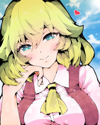 Rule 34 | 1girl, alternate eye color, ascot, blue eyes, blue sky, blush, breasts, closed mouth, cloud, cloudy sky, collar, collared shirt, eyes visible through hair, green hair, hair between eyes, hand up, heart, highres, kazami yuuka, large breasts, looking at viewer, open clothes, open vest, plaid, plaid vest, red vest, shirt, short hair, short sleeves, sitting, sky, smile, solo, touhou, upper body, vest, white shirt, yellow ascot