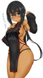 Rule 34 | 1girl, arm up, armpits, bare hips, bare shoulders, black hair, black panties, blue eyes, blush, breasts, closed mouth, commentary request, cowboy shot, dark-skinned female, dark skin, detached sleeves, flying sweatdrops, frown, hair between eyes, hand on own chest, highres, long hair, long sleeves, looking back, low ponytail, medium breasts, original, panties, sideboob, simple background, solo, tabard, translation request, underwear, very long hair, wavy mouth, white background, wide hips, yuzu lemon