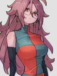 Rule 34 | 1girl, android 21, breasts, checkered clothes, checkered dress, closed mouth, dragon ball, dragon ball fighterz, dress, earrings, grey background, hair between eyes, hoop earrings, jewelry, kemachiku, looking at viewer, medium breasts, red eyes, red hair, simple background, solo