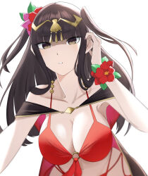 Rule 34 | 1girl, bikini, black hair, blunt bangs, breasts, brown eyes, cleavage, fire emblem, fire emblem awakening, fire emblem heroes, flower, hair flower, hair ornament, highres, large breasts, long hair, looking at viewer, navel, nintendo, official alternate costume, ondur7538315, parted lips, red bikini, solo, swimsuit, tharja (fire emblem), tharja (summer) (fire emblem), twintails, white background