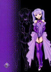 Rule 34 | 1girl, absurdres, arms behind back, aya shachou, black background, boots, collar, covered erect nipples, covered navel, elbow gloves, full body, gloves, gluteal fold, highres, leotard, long hair, open mouth, original, purple eyes, purple footwear, purple gloves, purple hair, purple leotard, purple thighhighs, showgirl skirt, simple background, smile, solo, thigh boots, thigh gap, thighhighs, thighs, twintails