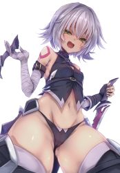 Rule 34 | 1girl, arm belt, bandaged arm, bandages, bare shoulders, black gloves, black panties, blush, breasts, dagger, facial scar, fate/apocrypha, fate (series), fingerless gloves, from below, gloves, green eyes, holding, holding dagger, holding knife, holding weapon, jack the ripper (fate/apocrypha), knife, looking at viewer, looking down, lowleg, lowleg panties, mosui (kori can), navel, open mouth, panties, scar, scar across eye, scar on cheek, scar on face, short hair, shoulder tattoo, silver hair, simple background, single glove, small breasts, smile, solo, tattoo, thighhighs, thighs, underwear, weapon, white background
