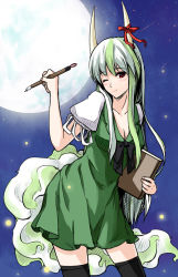 Rule 34 | 1girl, bad id, bad pixiv id, blush, book, breasts, calligraphy brush, cleavage, dress, ex-keine, female focus, full moon, green hair, horn ornament, horn ribbon, horns, kamishirasawa keine, moon, multicolored hair, one eye closed, paintbrush, red eyes, ribbon, sindre, smile, solo, tail, thighhighs, touhou, two-tone hair, wink