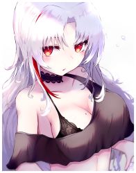 Rule 34 | 1girl, azur lane, bare shoulders, black bra, black tank top, blush, bra, bra strap, breasts, cleavage, closed mouth, collarbone, highres, large breasts, long hair, looking at viewer, mole, mole on breast, multicolored hair, official alternate costume, red eyes, reizouko, silver hair, solo focus, tallinn (azur lane), tallinn (nostalgic pilsner) (azur lane), tank top, underwear, white background