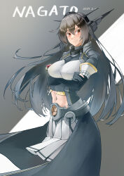 1girl absurdres arms_under_breasts black_coat black_gloves black_hair breasts character_name coat crossed_arms dated echo-kilo elbow_gloves gloves hair_between_eyes headgear highres kantai_collection large_breasts long_coat long_hair metal_belt nagato_(kancolle) nagato_kai_ni_(kancolle) navel partially_fingerless_gloves pleated_skirt red_eyes sakuramon skirt smile solo very_long_hair white_skirt