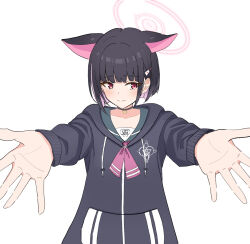 Rule 34 | 1girl, absurdres, animal ears, averting eyes, black hair, black hood, blue archive, bucho1182, carry me, cat ears, cat girl, closed mouth, colored inner hair, commentary request, drawstring, embarrassed, hair ornament, halo, highres, hood, hood down, kazusa (blue archive), multicolored hair, outstretched arms, pink hair, pink halo, red eyes, shirt, solo, white background, white shirt