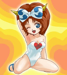 Rule 34 | 1980s (style), 1girl, ;d, arm behind head, arm up, armpits, bare legs, blue eyes, blue footwear, blush, bow, breasts, brown hair, cameltoe, camisole, cleavage, collarbone, covered navel, doteraman, fang, full body, hair bow, haruyama kazunori, heart, heart background, heart print, horns, leotard, long hair, looking at viewer, medium breasts, no socks, retro artstyle, one eye closed, open mouth, retro artstyle, shoes, sitting, skin tight, smile, solo, strapless, strapless leotard, suzuki manami, tareme, wariza, white leotard