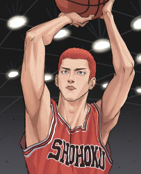 Rule 34 | 1boy, arms up, ball, bare arms, basketball (object), basketball jersey, basketball uniform, brown eyes, closed mouth, dododo, highres, holding, holding ball, indoors, looking up, male focus, red hair, red shirt, sakuragi hanamichi, shirt, short hair, slam dunk (series), sleeveless, sleeveless shirt, solo, sportswear, sweat, toned, toned male, upper body, very short hair