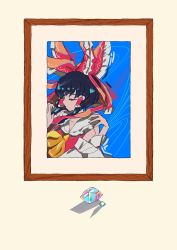 Rule 34 | 1girl, absurdres, bare shoulders, beige background, bow, brown hair, closed eyes, collared shirt, crystal, drawing (object), frilled bow, frilled shirt collar, frills, gem, hair bow, hair tubes, hakurei reimu, half updo, highres, medium hair, neruzou, nontraditional miko, picture frame, red bow, red shirt, shirt, sidelocks, sleeveless, sleeveless shirt, solo, touhou, yellow neckwear