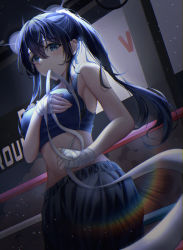 Rule 34 | 1girl, bandaged arm, bandages, bare shoulders, black hair, black shorts, blue eyes, blue shirt, blush, boxing ring, breasts, commentary request, crop top, diffraction spikes, floating hair, hair between eyes, hair ornament, hand wraps, highres, indoors, large breasts, light particles, long hair, looking at viewer, midriff, mouth hold, off shoulder, original, ponytail, shayne, shirt, shorts, sidelocks, sleeveless, sleeveless shirt, solo, stomach