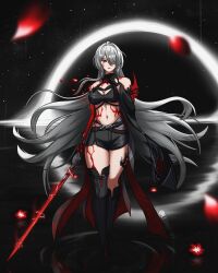 Rule 34 | 1girl, absurdres, acheron (honkai: star rail), ahoge, armor, asymmetrical legwear, bare shoulders, belt, black belt, black choker, black hole, black shorts, blood, bloody tears, body markings, boots, breasts, bright pupils, choker, cleavage, clenched hand, clenched teeth, colored extremities, commentary, commission, criss-cross halter, electricity, english commentary, flower, glowing, glowing sword, glowing weapon, hair intakes, hair over one eye, halterneck, hand up, highres, holding, holding sword, holding weapon, honkai: star rail, honkai (series), knee boots, large breasts, leg tattoo, leoneo137, long hair, midriff, navel, night, red eyes, red flower, red petals, ripples, short shorts, shorts, shoulder armor, single knee boot, single thigh boot, solo, star (sky), sword, tattoo, teeth, thigh boots, twitter username, very long hair, wading, walking, water, weapon, white hair, white pupils
