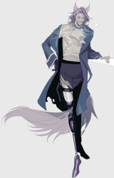 Rule 34 | 1boy, animal ears, arknights, ascot, black gloves, blue coat, blue pants, cat boy, cat ears, cat tail, chinese commentary, closed eyes, coat, commentary request, facial hair, full body, gloves, grey background, grey hair, harold (arknights), highres, kaifei (kaifei 29), long sleeves, male focus, mustache, old, old man, pants, prosthesis, prosthetic leg, shirt, simple background, single glove, solo, tail, torn clothes, torn coat, torn pants, white ascot, white shirt, wrinkled skin