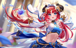 Rule 34 | 1girl, :d, blue eyes, blurry, blurry background, blush, breasts, circlet, floating hair, genshin impact, harem outfit, highres, horns, lalazyt, long hair, long sleeves, looking at viewer, medium breasts, navel, nilou (genshin impact), open mouth, outstretched hand, puffy long sleeves, puffy sleeves, red hair, skirt, smile, solo, stomach, veil, vision (genshin impact), water