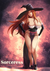 Rule 34 | 1girl, artarchanime, bad id, bad pixiv id, bare shoulders, breasts, brown eyes, brown hair, character name, cleavage, detached sleeves, dragon&#039;s crown, dress, hands on own hips, hat, highres, large breasts, legs, long hair, no panties, solo, sorceress (dragon&#039;s crown), standing, strapless, strapless dress, witch hat