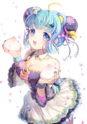 Rule 34 | 10s, 1girl, ahoge, aqua hair, baozi, bare shoulders, blue eyes, breasts, cleavage, detached collar, detached sleeves, double bun, dress, dyed ahoge, eyelashes, food, hair bun, hair ornament, hairclip, highres, large breasts, md5 mismatch, momoshiki tsubaki, nail polish, open mouth, petals, show by rock!!, skirt, solo, tsukino (show by rock!!)